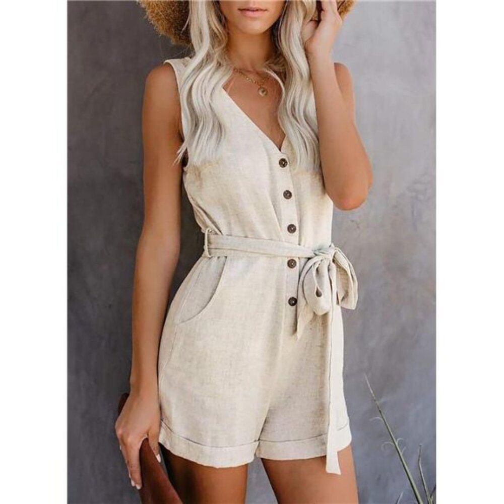Womens Casual Summer Crewneck Ruffle Sleeveless Rompers, XS-XXL - Picture 2 of 6